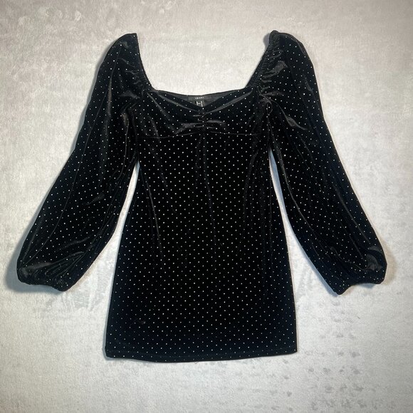Forever 21 Mini Dress Womens M Black Velvet Rhinestone Studded Balloon Sleeve - Picture 1 of 6